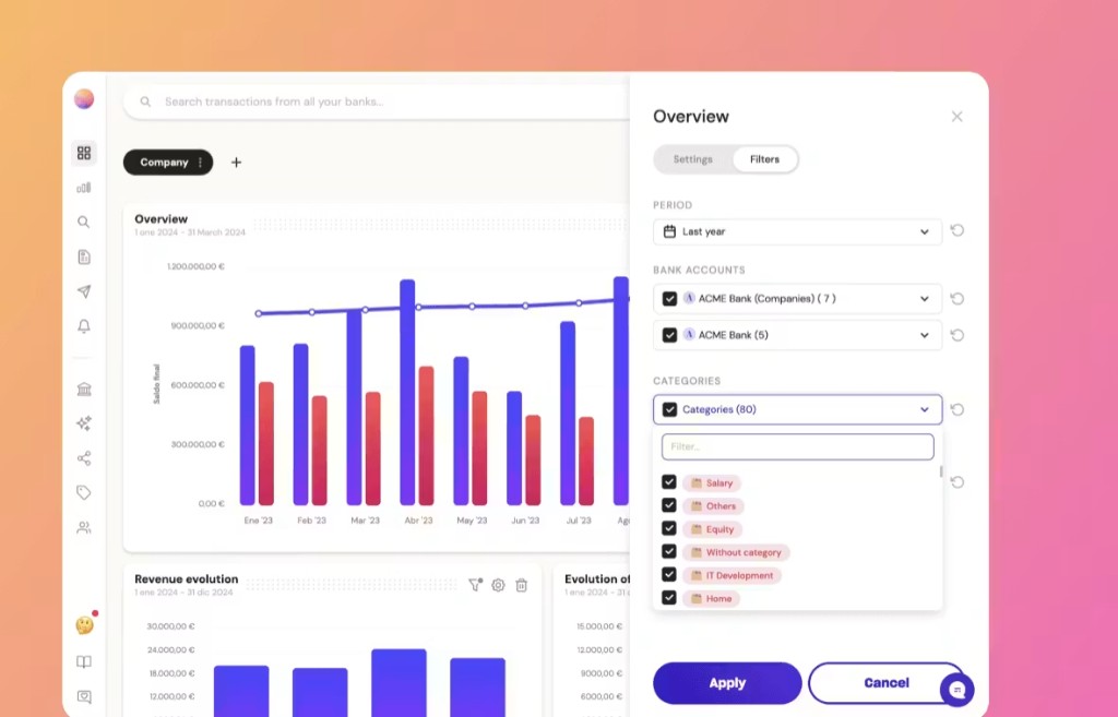 Cash flow dashboard with banking overview, revenue charts, and transaction filters